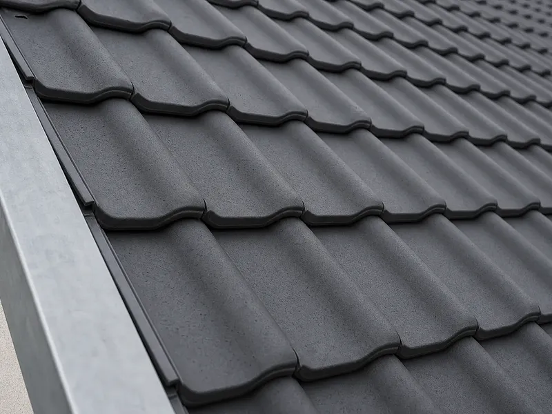 Detail der neu verlegten Tonziegel in Anthrazit, Köln-Lindenthal